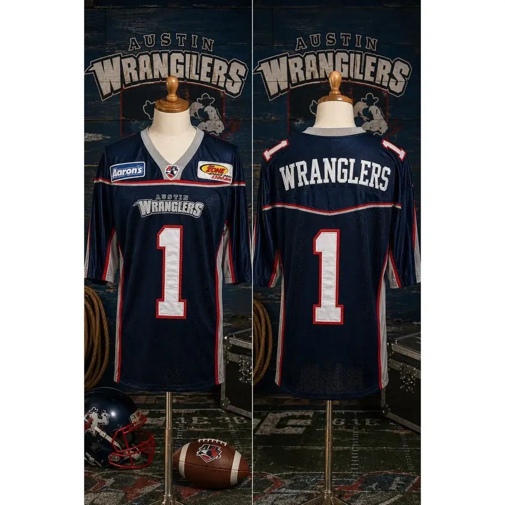 Vintage Austin Wranglers AFL Football Jersey XL #1 Sewn Spellout Blue